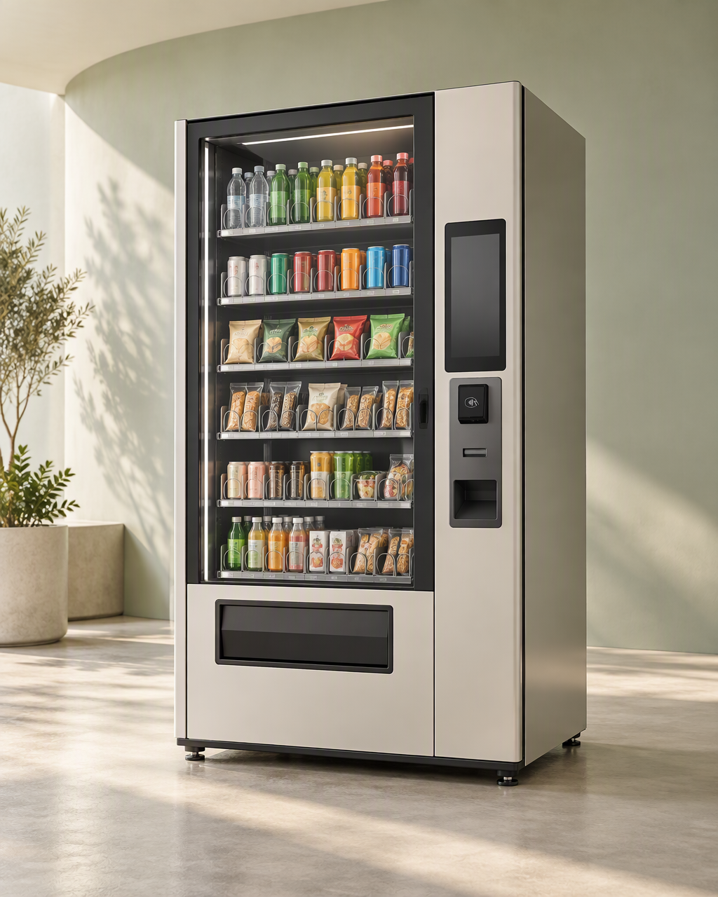 Modern smart vending machine with snacks and drinks